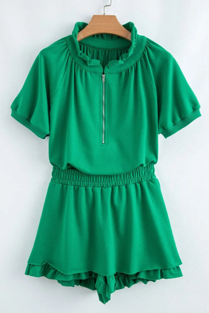 Frill Zip Front Puff Sleeve Top and Skort Set