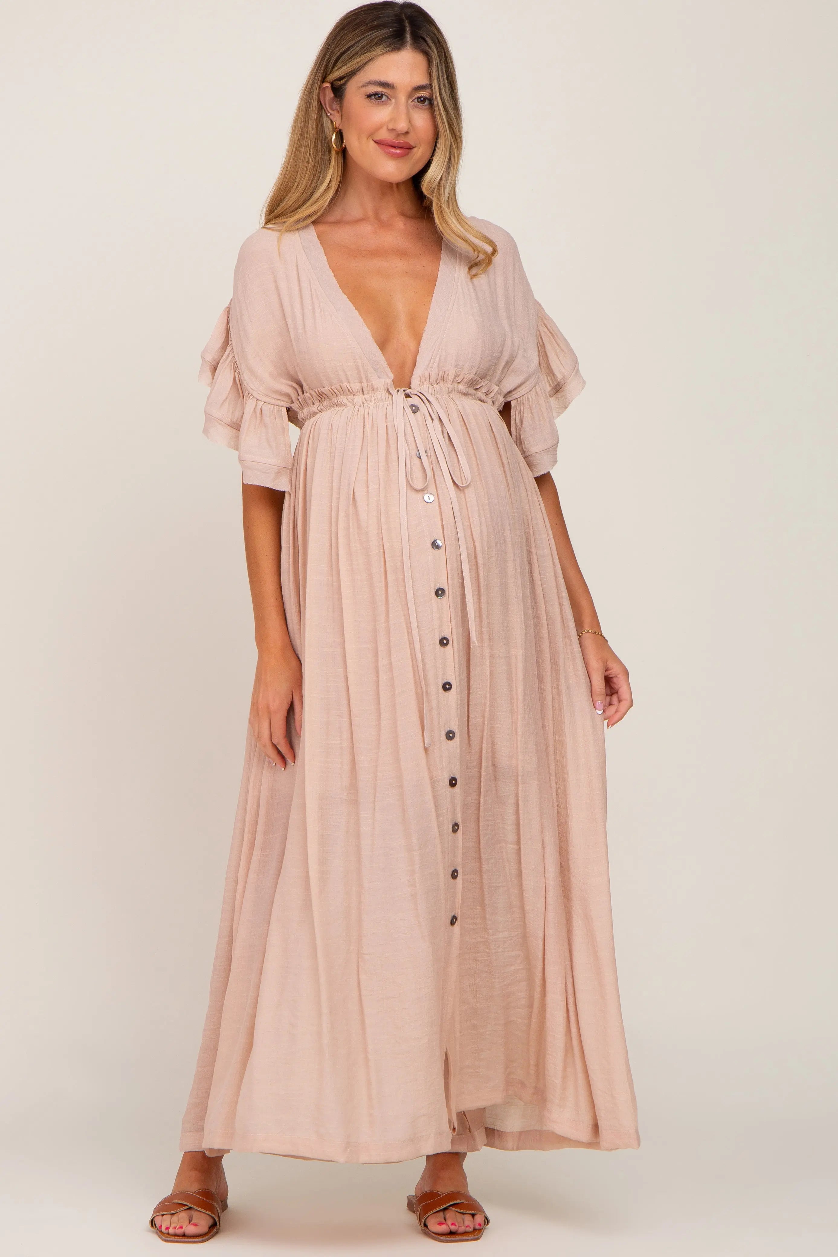 Light Pink Deep V-Neck Button Down Maternity Maxi Dress PinkBlush