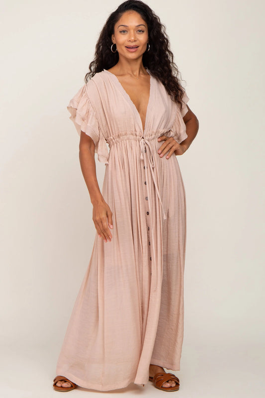 Light Pink Deep V-Neck Button Down Maxi Dress PinkBlush