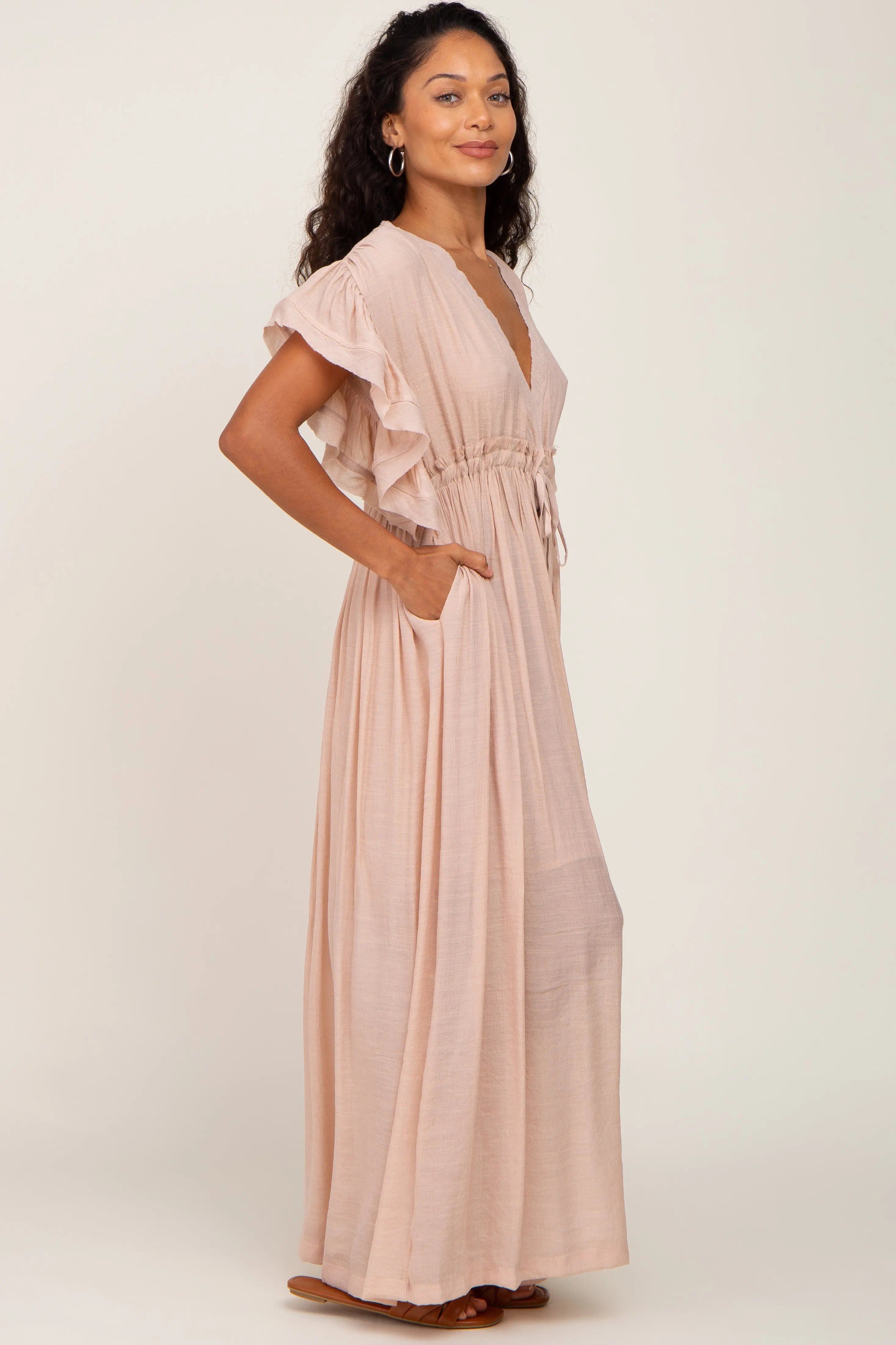 Light Pink Deep V-Neck Button Down Maxi Dress PinkBlush