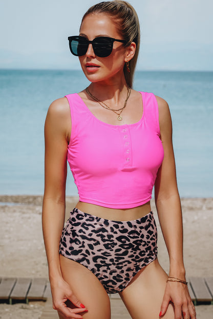 Leopard Print Square Neck Sleeveless Tankini Set with Button Closure