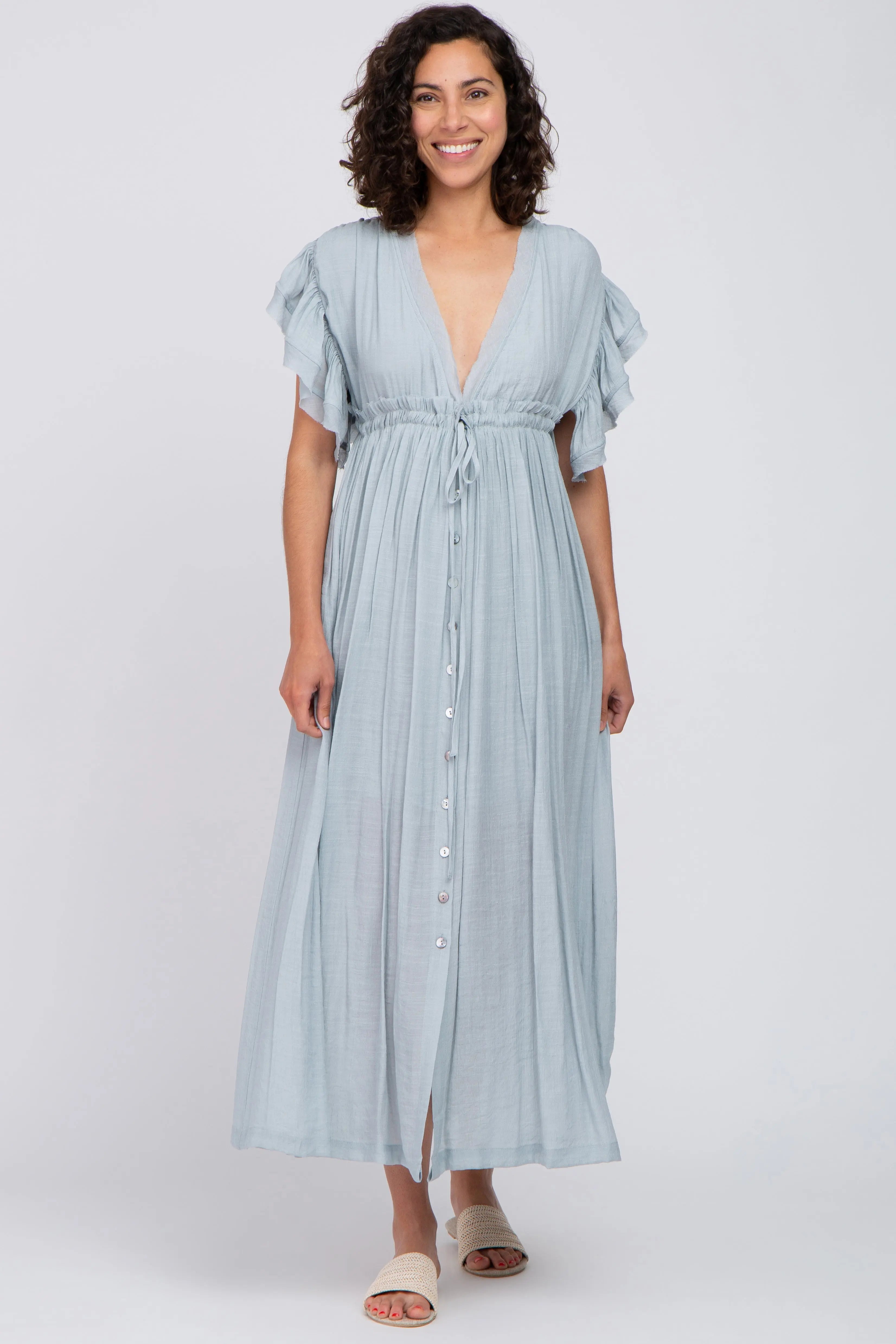 Light Blue Deep V-Neck Button Down Maxi Dress PinkBlush