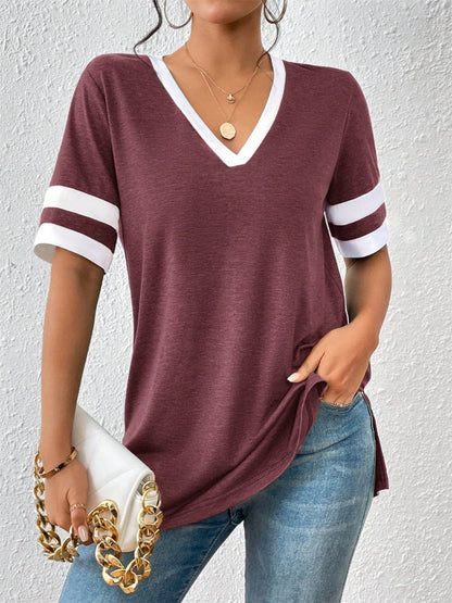 Contrast Trim V-Neck Short Sleeve T-Shirt.