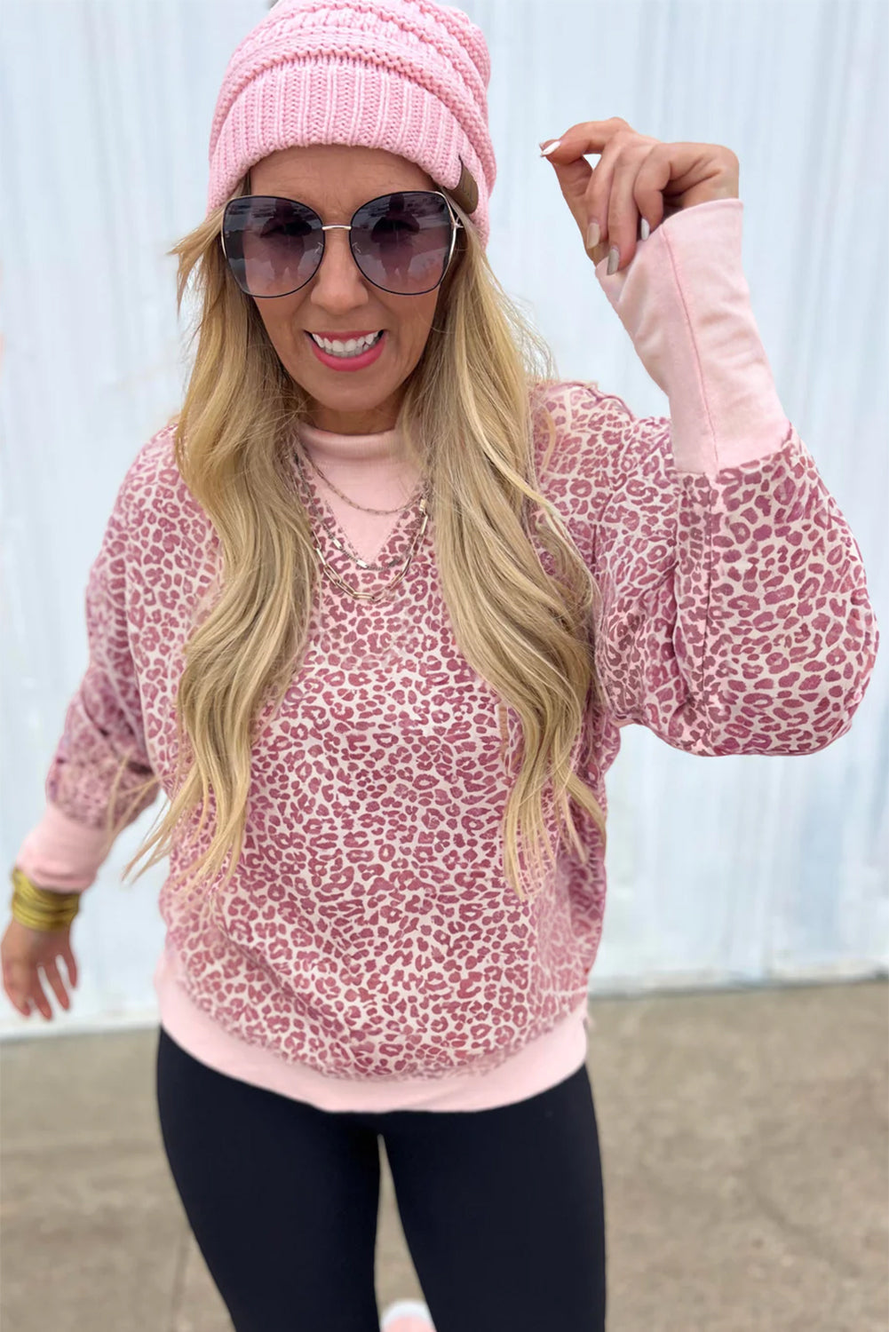 Pink Leopard Print Patchwork Crew Neck Sweatshirt Soft Casual Everyday Top Relaxed Fit Dear-Lover Dropshipping