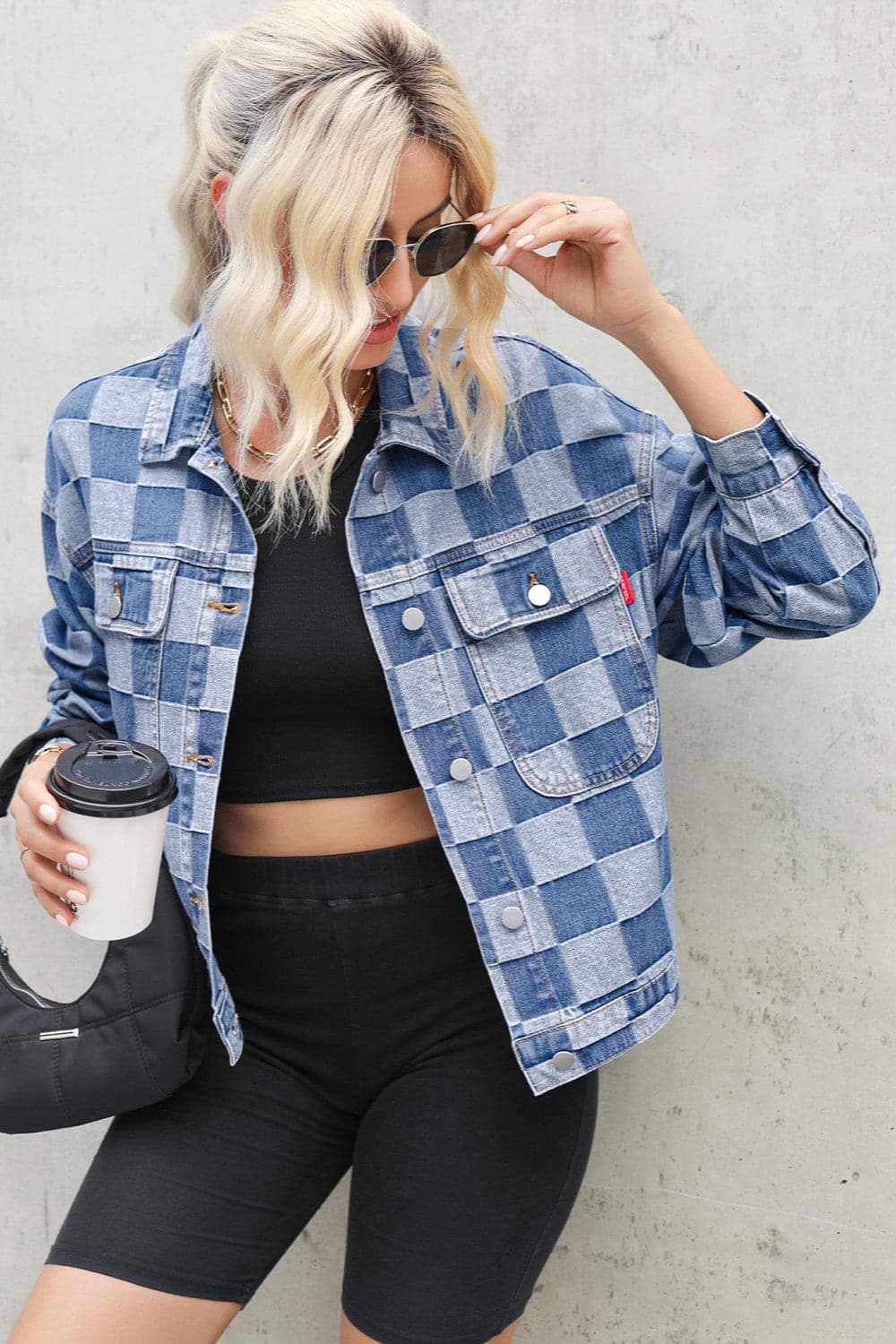 Checkered Button Up Long Sleeve Denim Jacket.