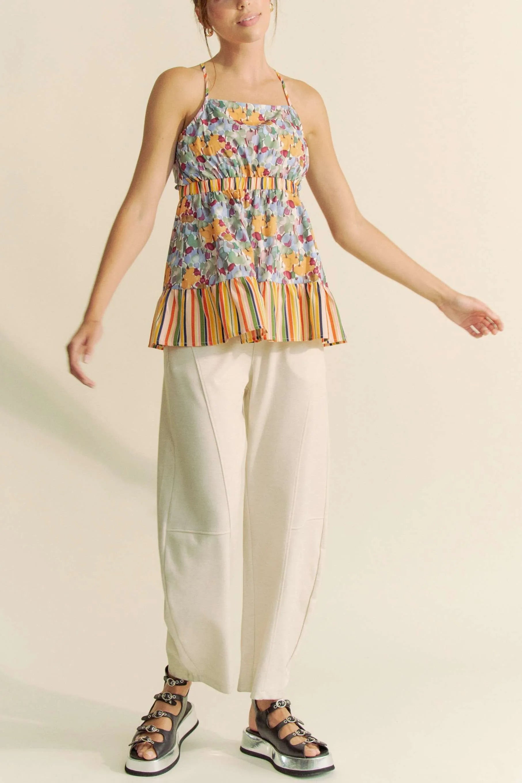 Davi & Dani Floral Smocked Sleeveless Ruffle Back Tie Top - Love Salve 