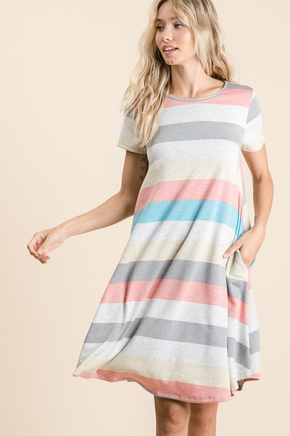 BOMBOM Striped Short Sleeve Dress with Pockets.