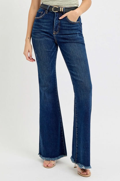 High-rise tummy control flare jeans with frayed hem and belt