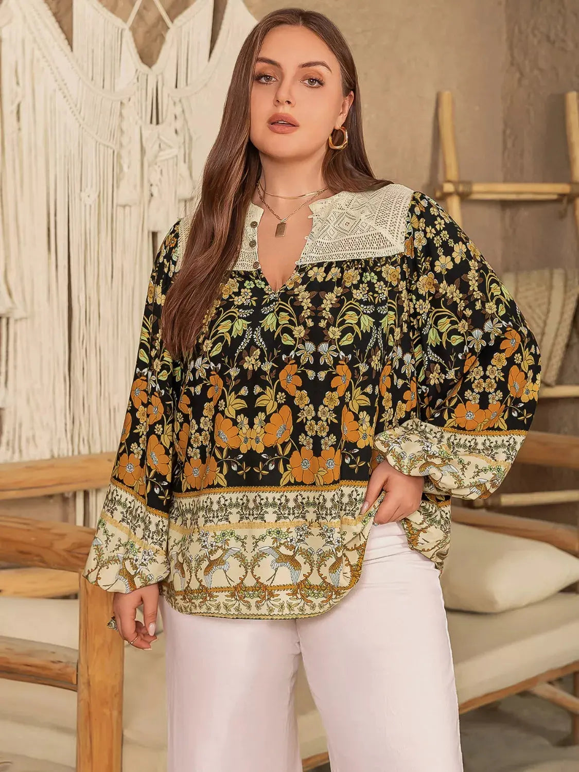 Plus Size Floral Print Notched Blouse Simply Love