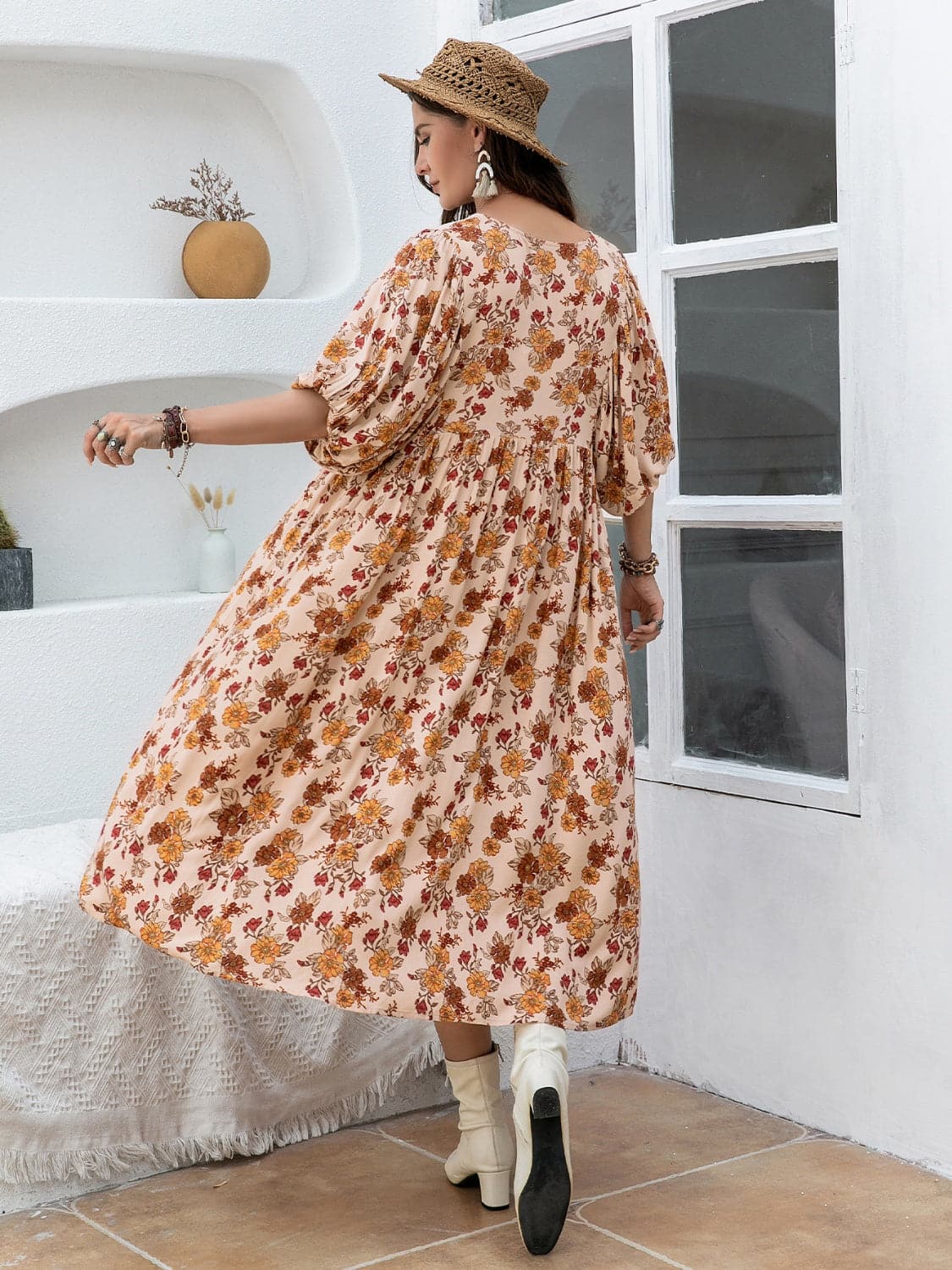 Plus Size Printed Tie Neck Half Sleeve Midi Dress.