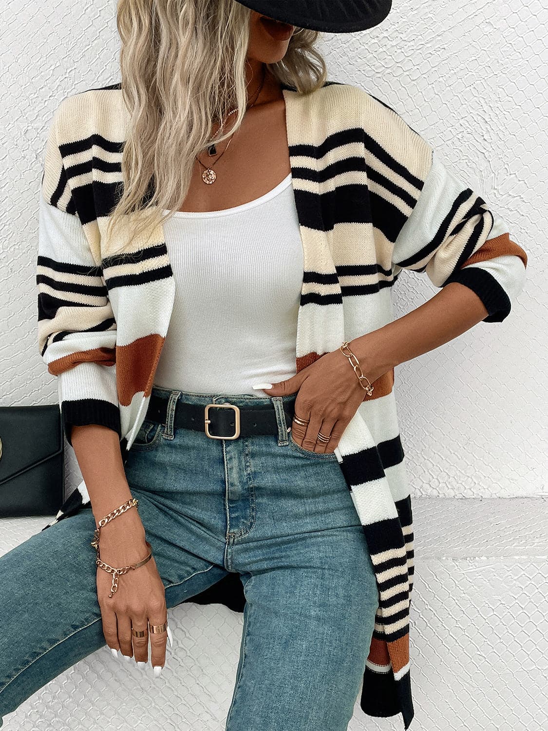 Striped Open Front Drop Shoulder Cardigan.