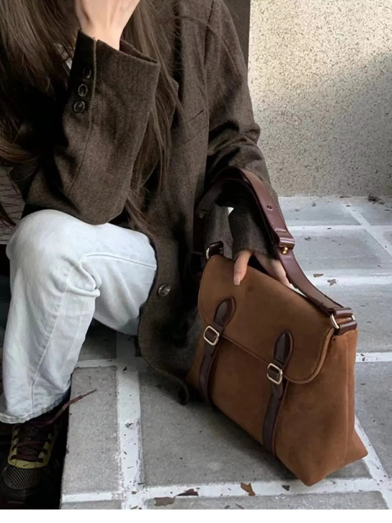 Tan Suede Double Buckle Crossbody Bag With Adjustable Straps Simply Love