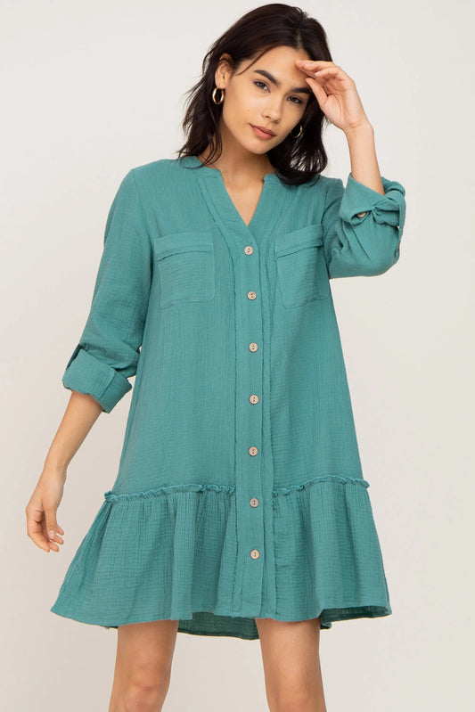 Sage Button Down Long Sleeve Ruffle Hem Dress PinkBlush