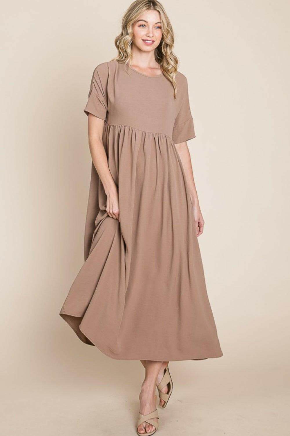 BOMBOM Round Neck Ruched Midi Dress.