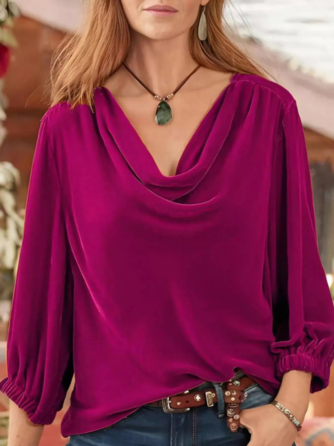 Rich Magenta Cowl Neck Velvet Blouse With Long Sleeves Simply Love