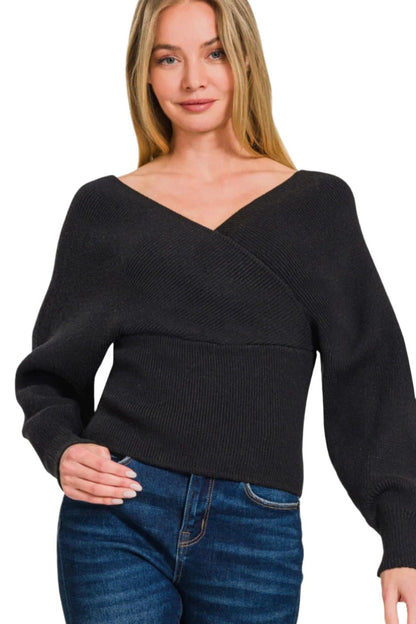 Chic cross wrap ribbed long sleeve pullover sweater