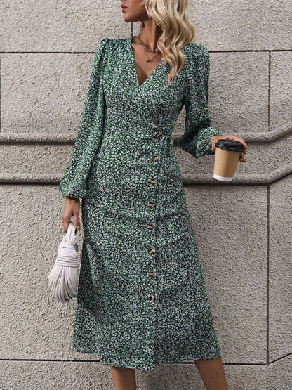 Printed Surplice Long Sleeve Midi Dress.