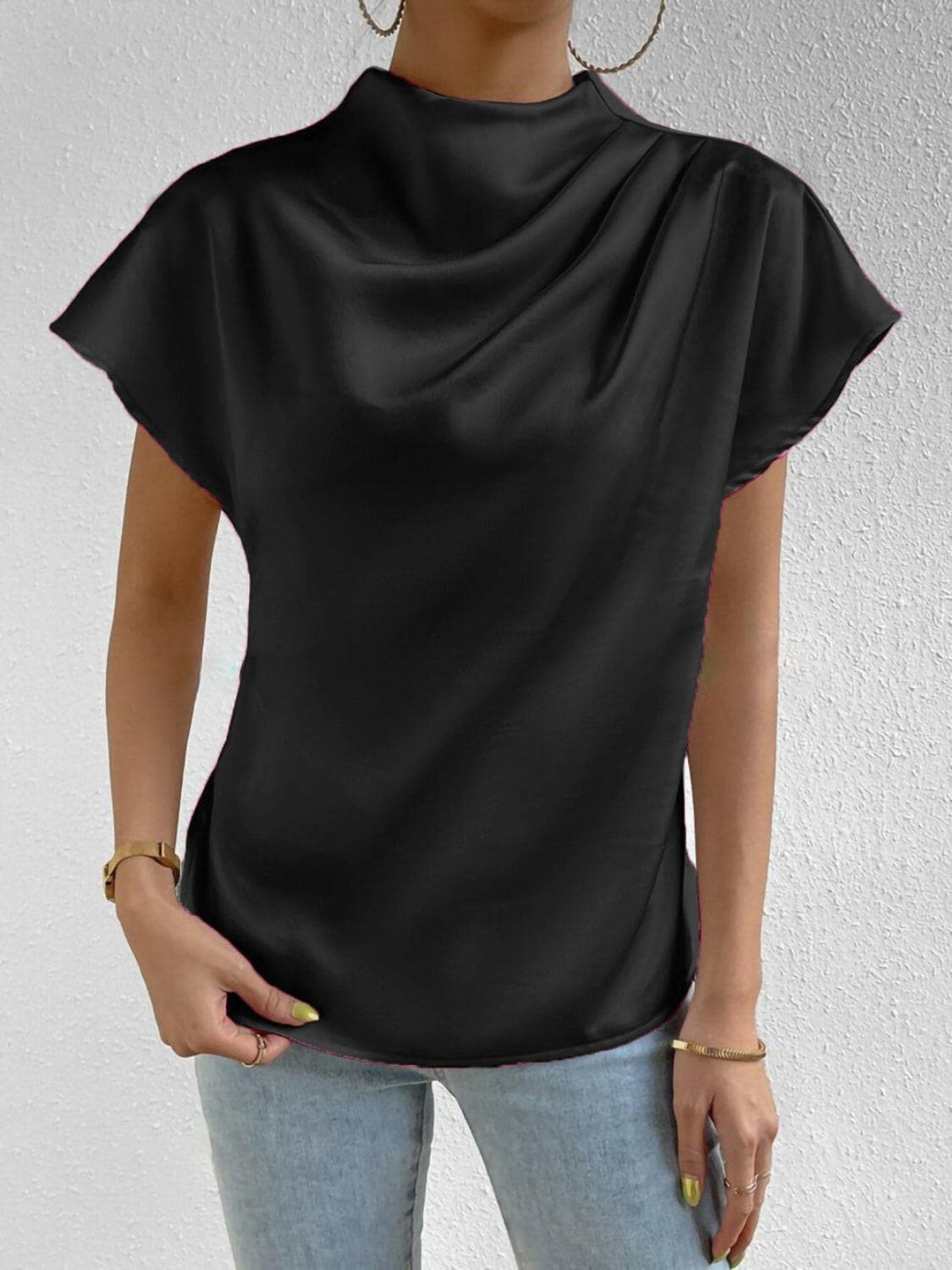 Ruched Mock Neck Short Sleeve Blouse.