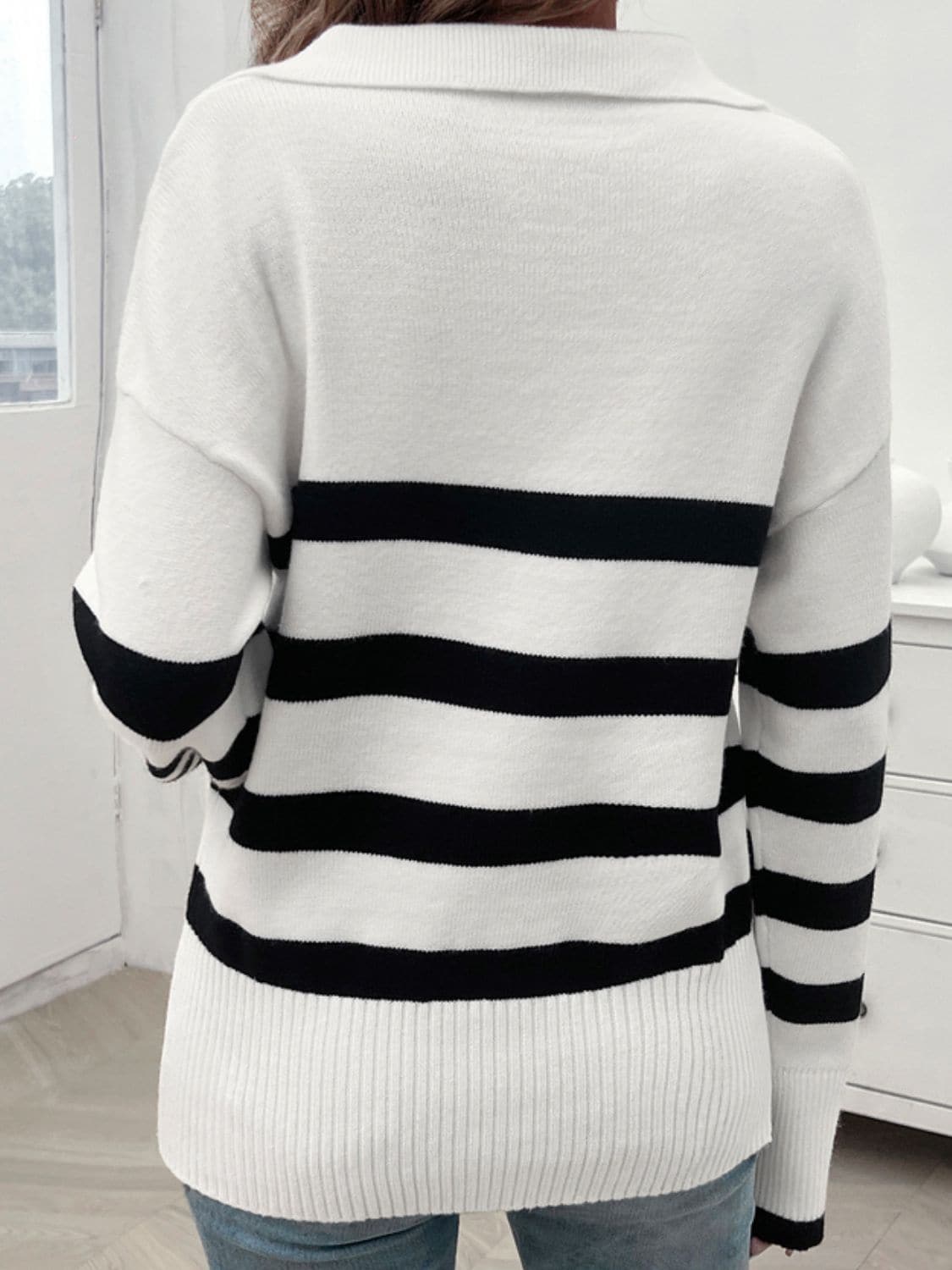 Striped Collared Neck Long Sleeve Sweater.