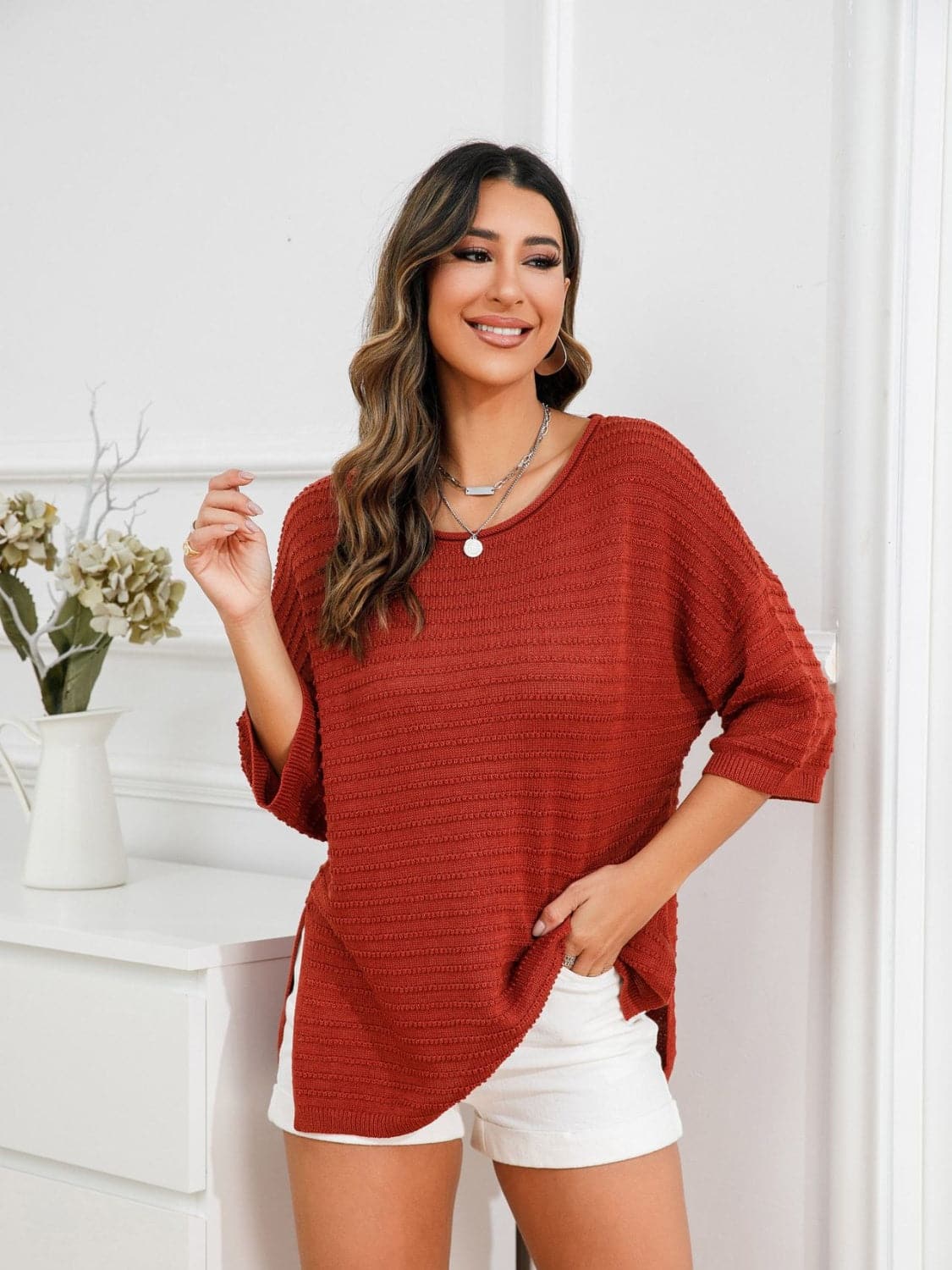 Rolled Round Neck Dropped Shoulder Slit Sweater.