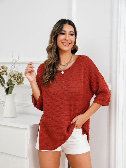 Rolled Round Neck Dropped Shoulder Slit Sweater.