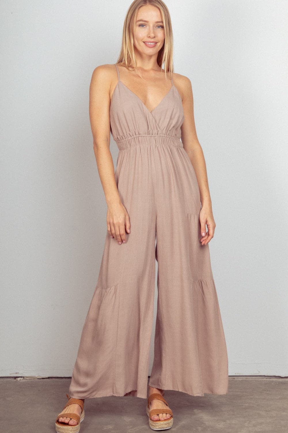 VERY J Sleeveless Ruched Wide Leg Jumpsuit.