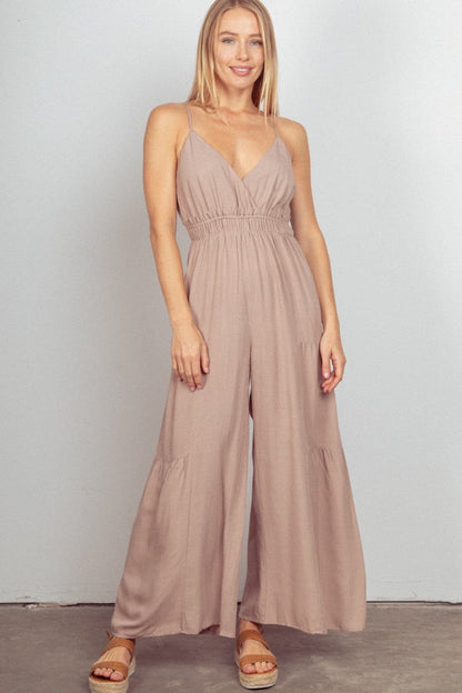 VERY J Sleeveless Ruched Wide Leg Jumpsuit.