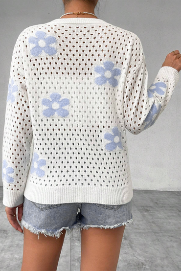 Floral Open Knit Short Cardigan in White