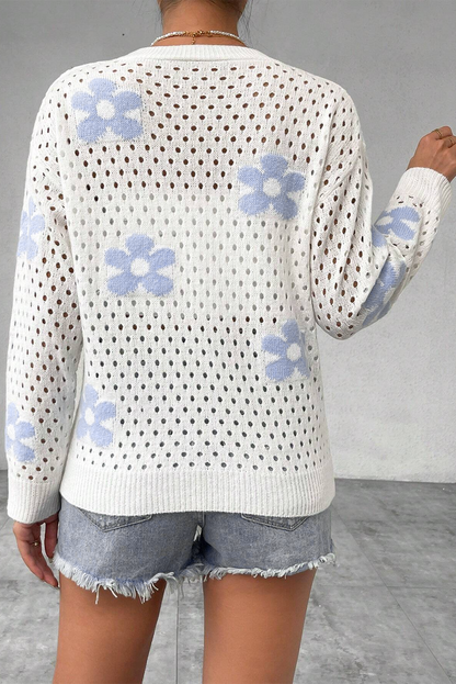 Floral Open Knit Short Cardigan in White