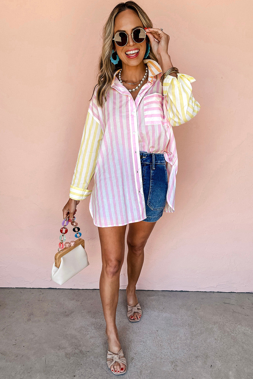 Pink striped patchwork shirt with contrast collar and long sleeves