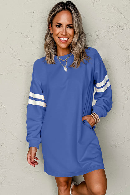 Sky Blue Varsity Sleeve Contrast Shift Sweatshirt Dress