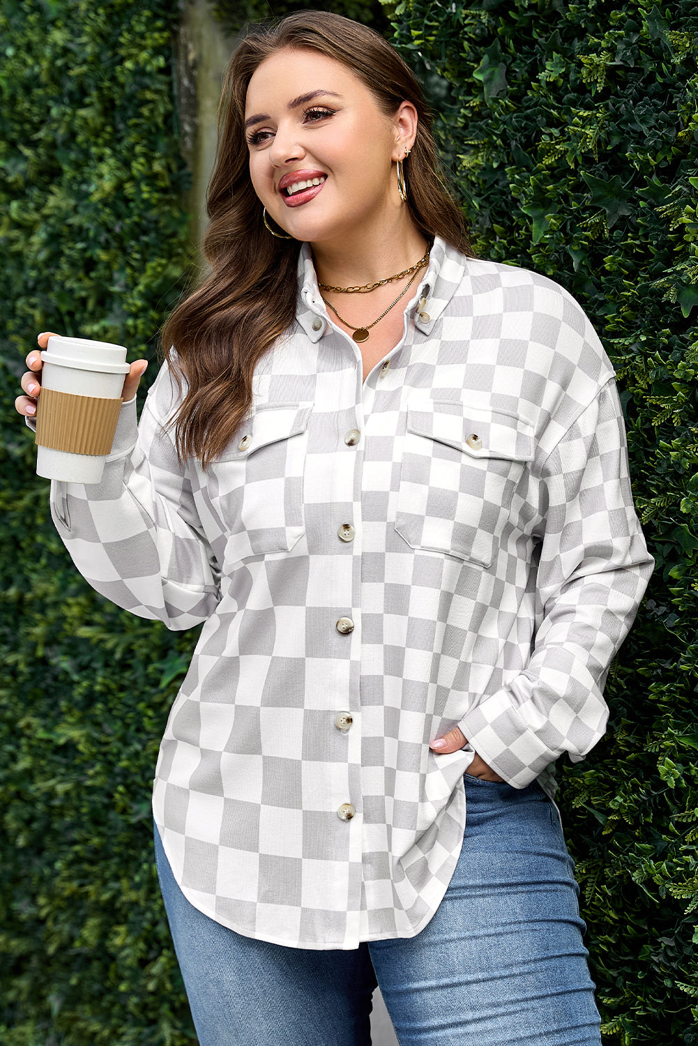 Khaki Plus Size Checkered Buttoned Down Casual Jacket Dear-Lover Dropshipping
