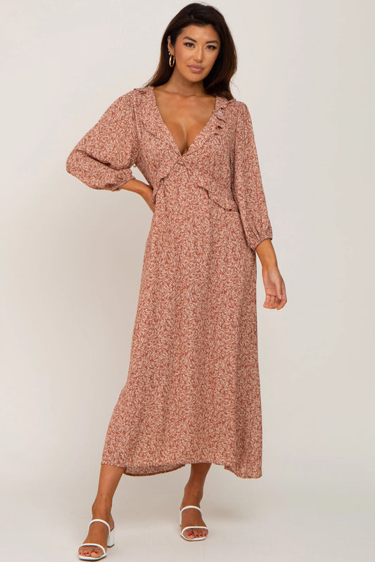 Rust Floral Ruffle V-Neck Midi Dress PinkBlush