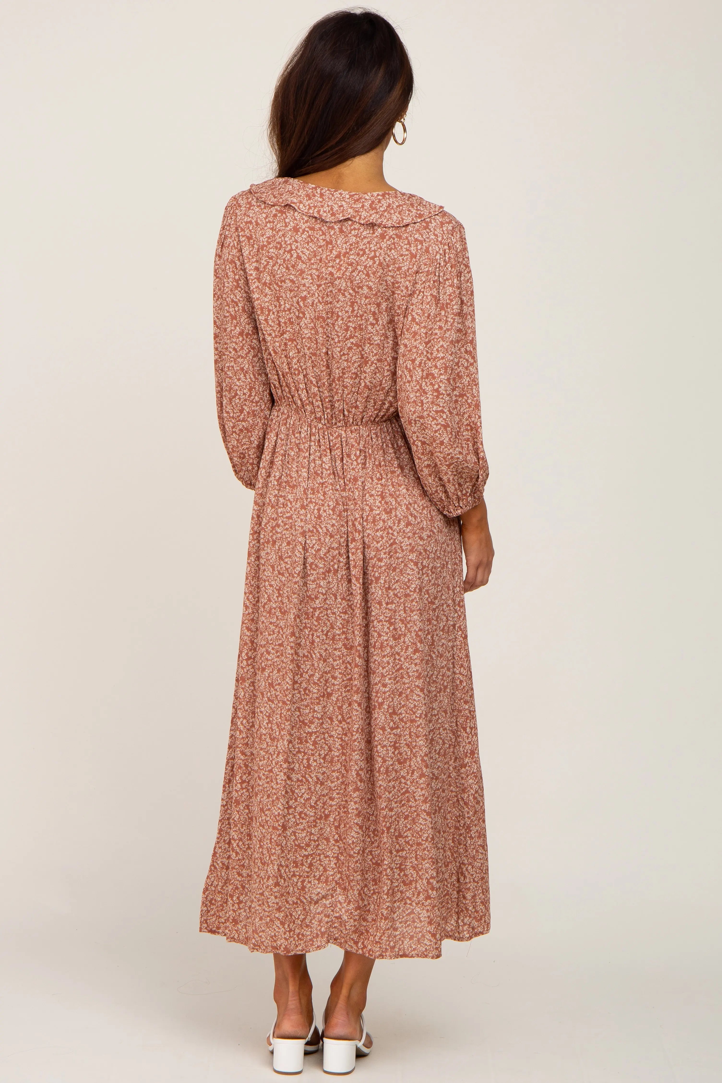 Rust Floral Ruffle V-Neck Midi Dress PinkBlush