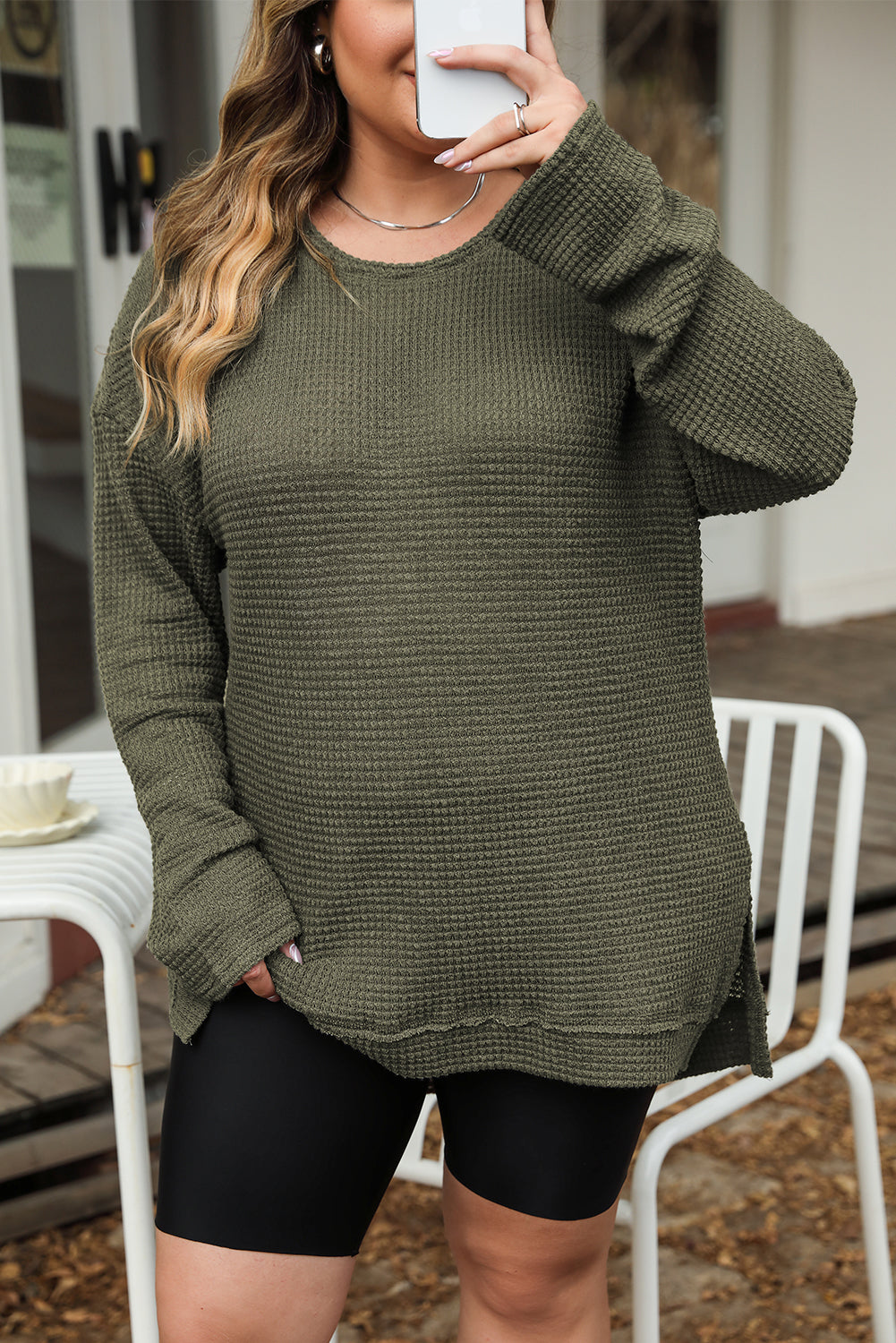 Chic moss green plus size textured knit top with long sleeves