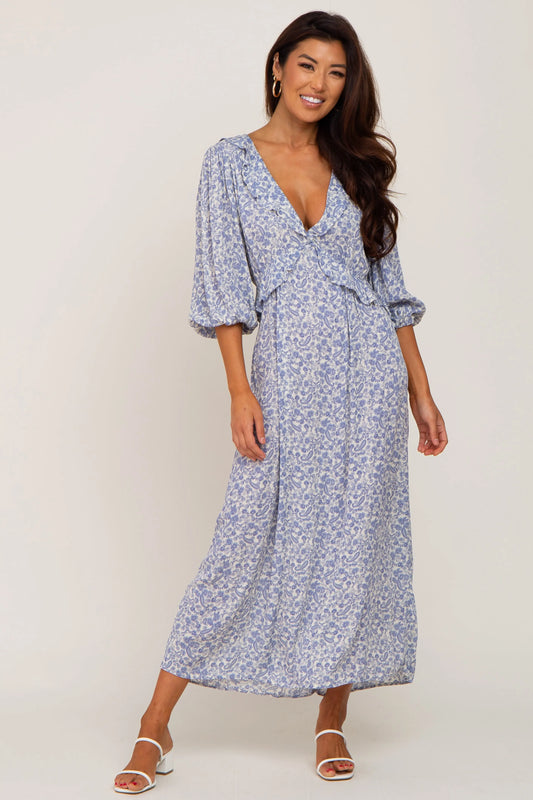Blue Floral Ruffle V-Neck Midi Dress PinkBlush