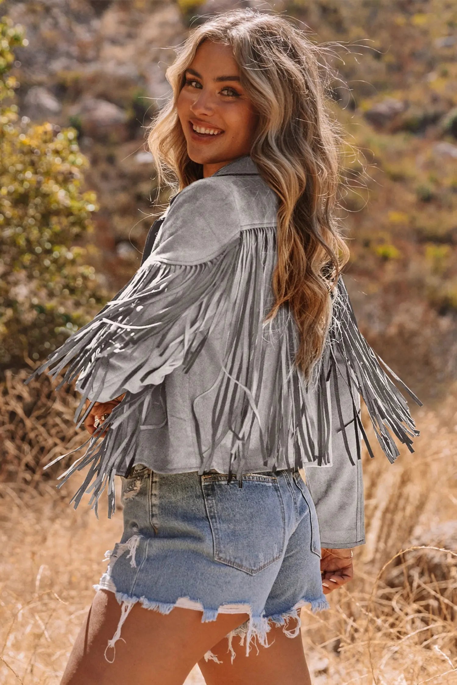 Gray Cropped Fringe Faux Suede Jacket For Women Lightweight Casual Dear-Lover Dropshipping