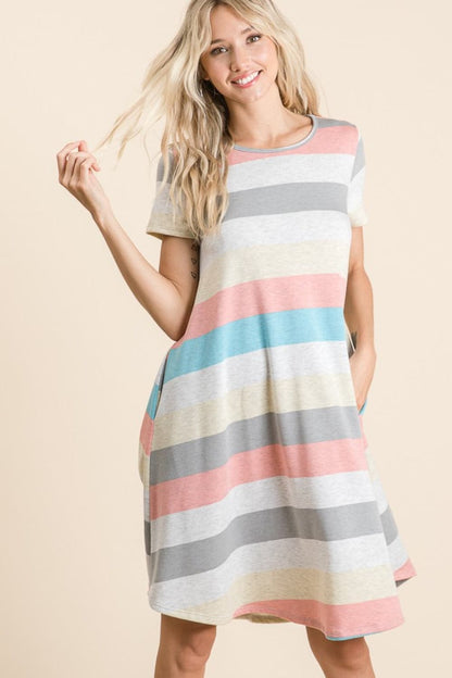 BOMBOM Striped Short Sleeve Dress with Pockets.