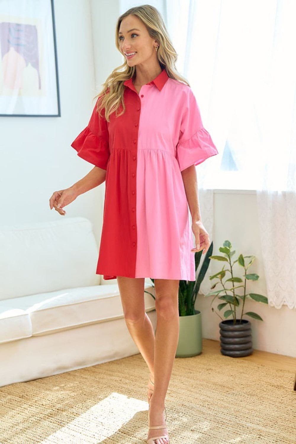 First Love Full Size Color Blocked Button Down Babydoll Dress.