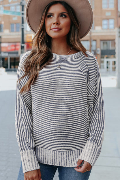 Ashleigh Blue Striped Ribbed Knit Baggy Boat Neck Sweater