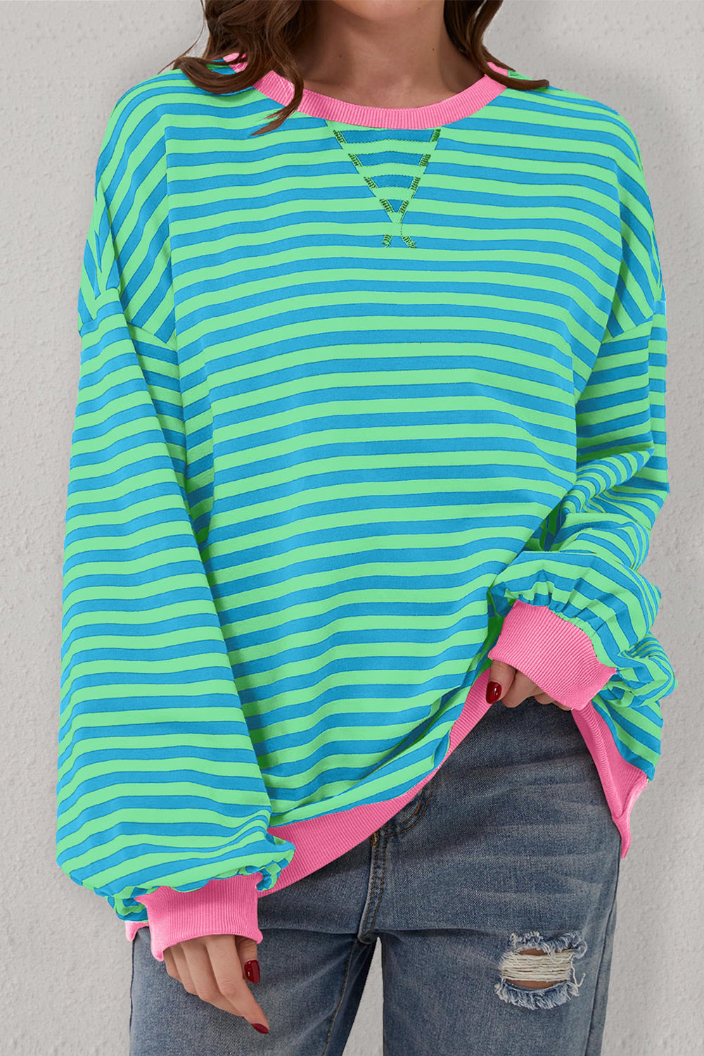 Casual sky blue striped oversized pullover with contrast trim