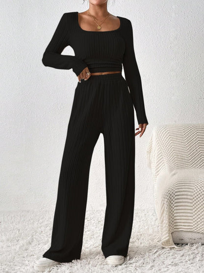 Cozy scoop neck long sleeve top and matching pants set