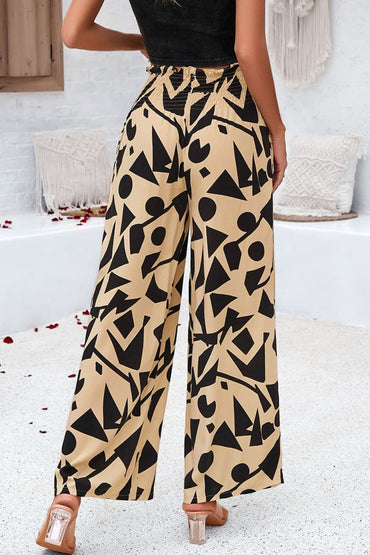 Smocked Printed Wide Leg Pants with Pockets.