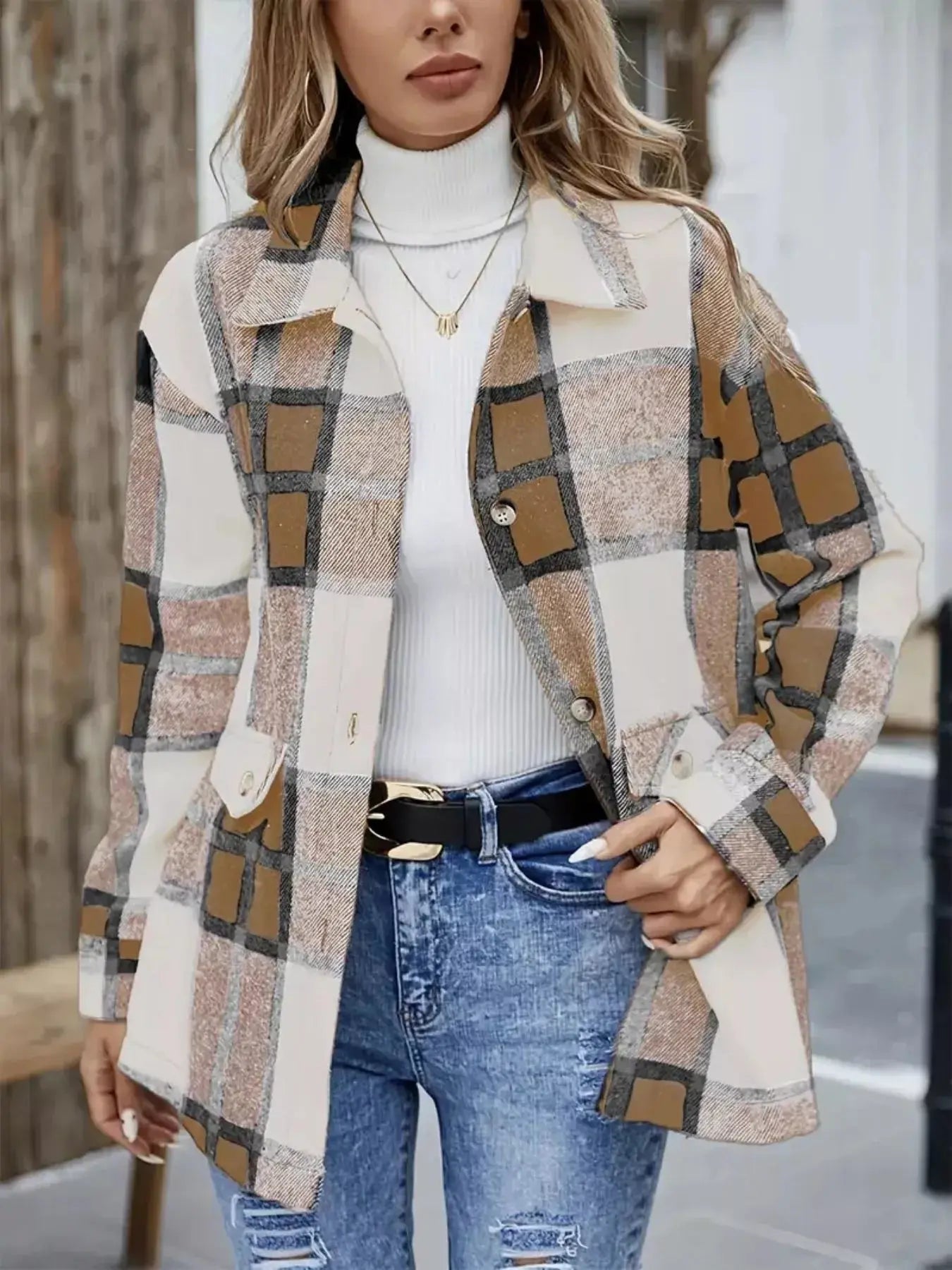 Plaid Button-Up Long Sleeve Shacket Simply Love