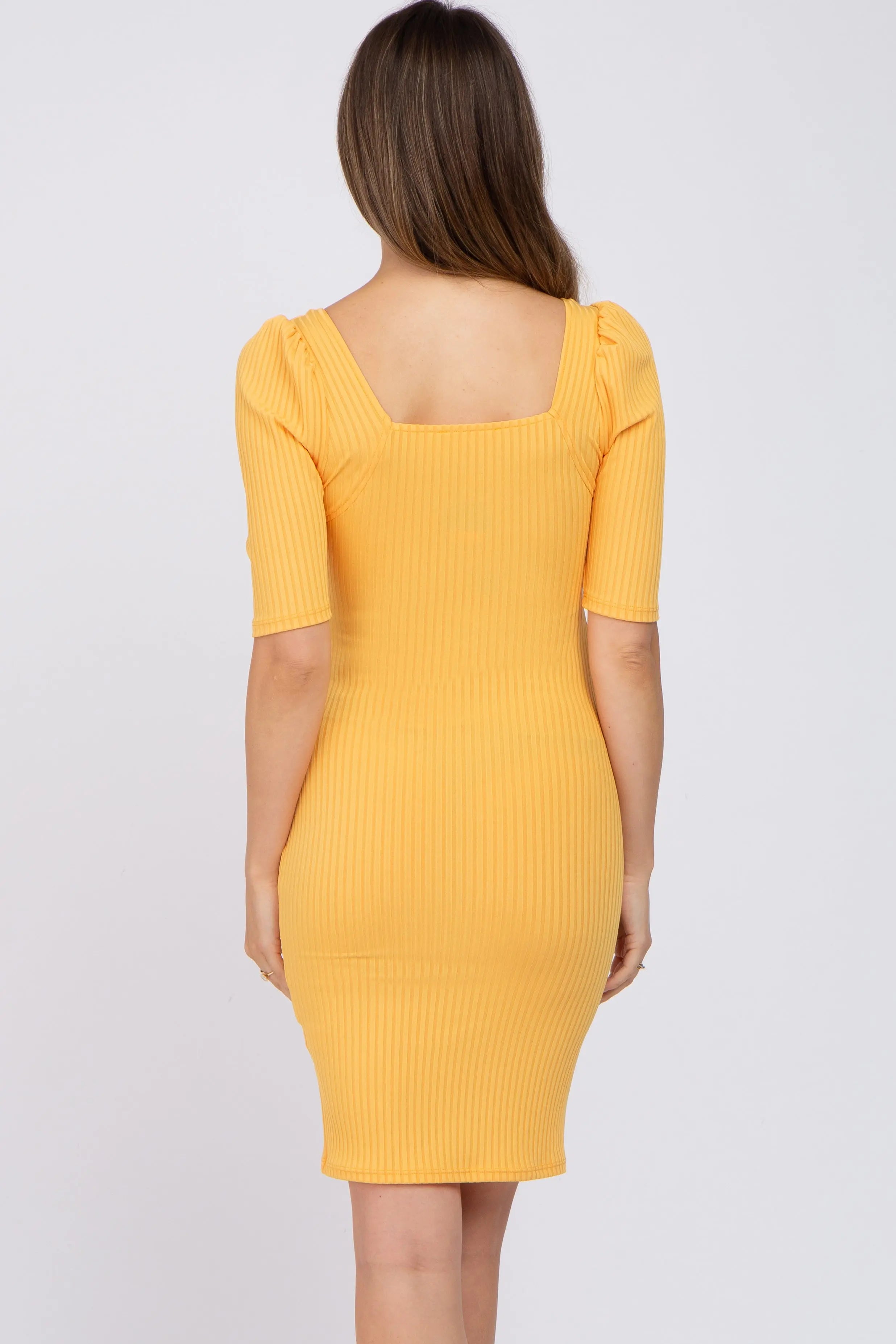 Yellow Ribbed Maternity Dress With Square Neck Short Puff Sleeves PinkBlush