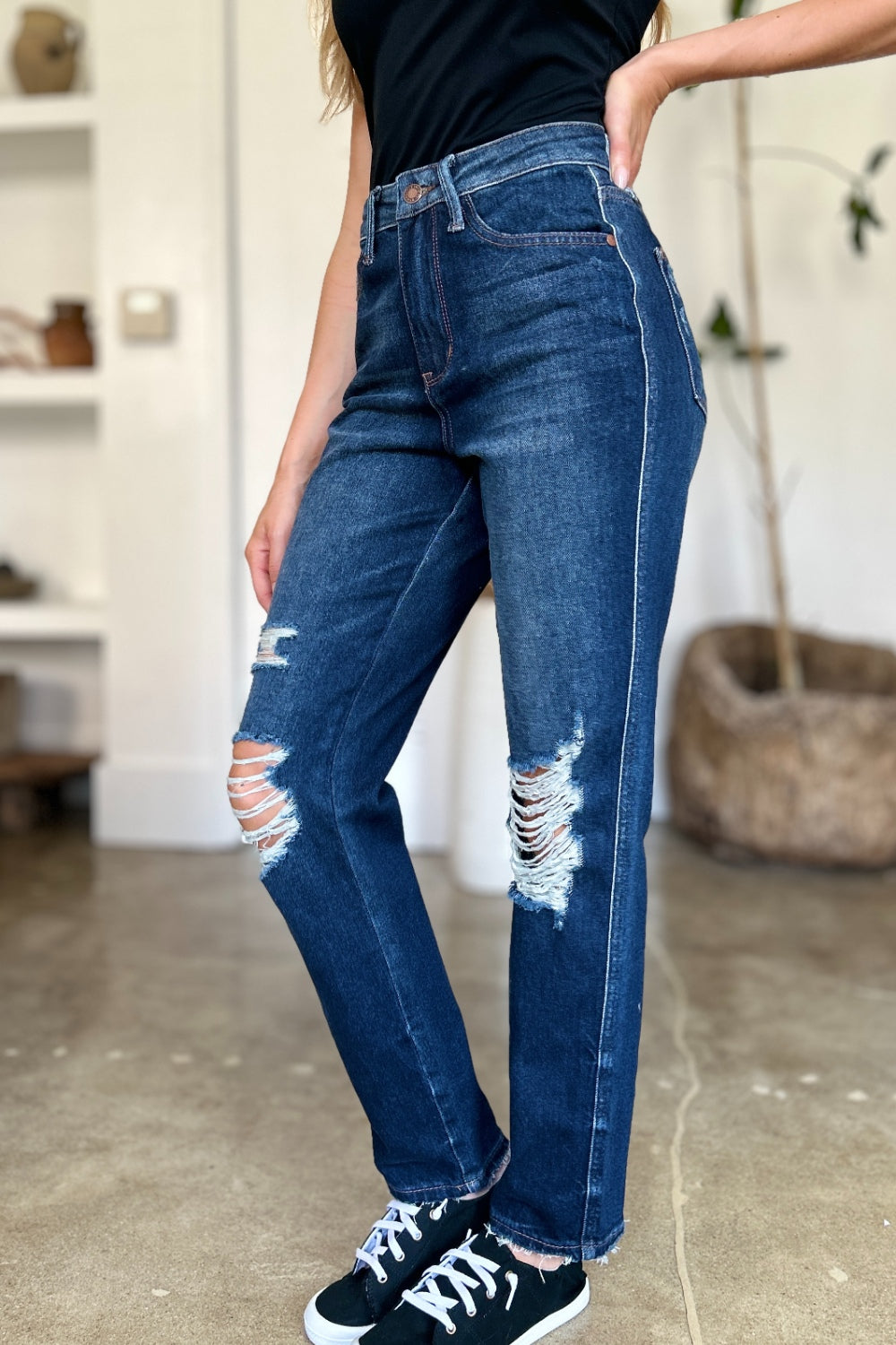 Judy Blue Full Size High Waist Rigid Magic Heavy Destroy Straight Jeans Coco’s Tee Boutique