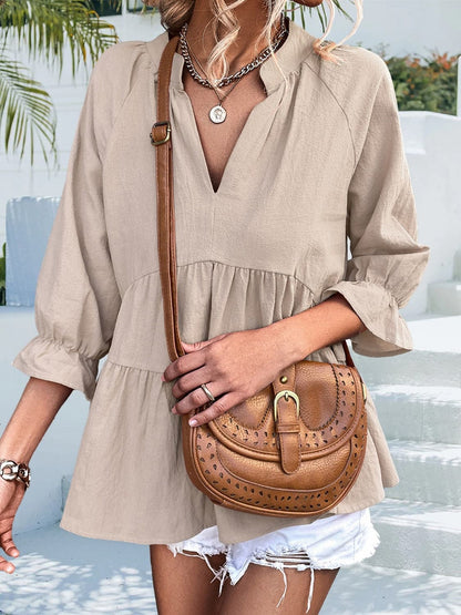 Ruffled Notched Three-Quarter Sleeve Blouse.