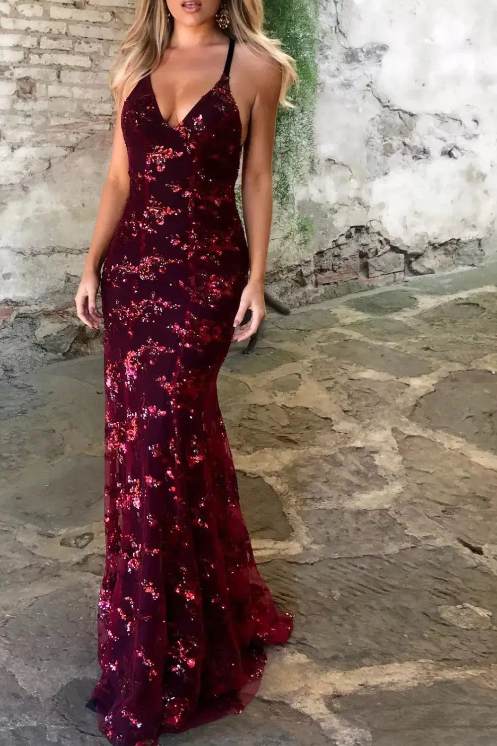 Full Size Sequin Tie Back V-Neck Maxi Dress Plus Size Simply Love