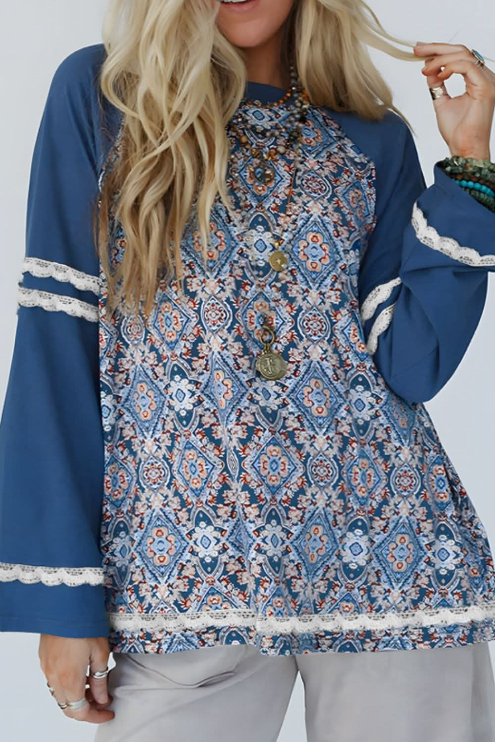 Lace-Trimmed Geometric Print Long Sleeve Blouse