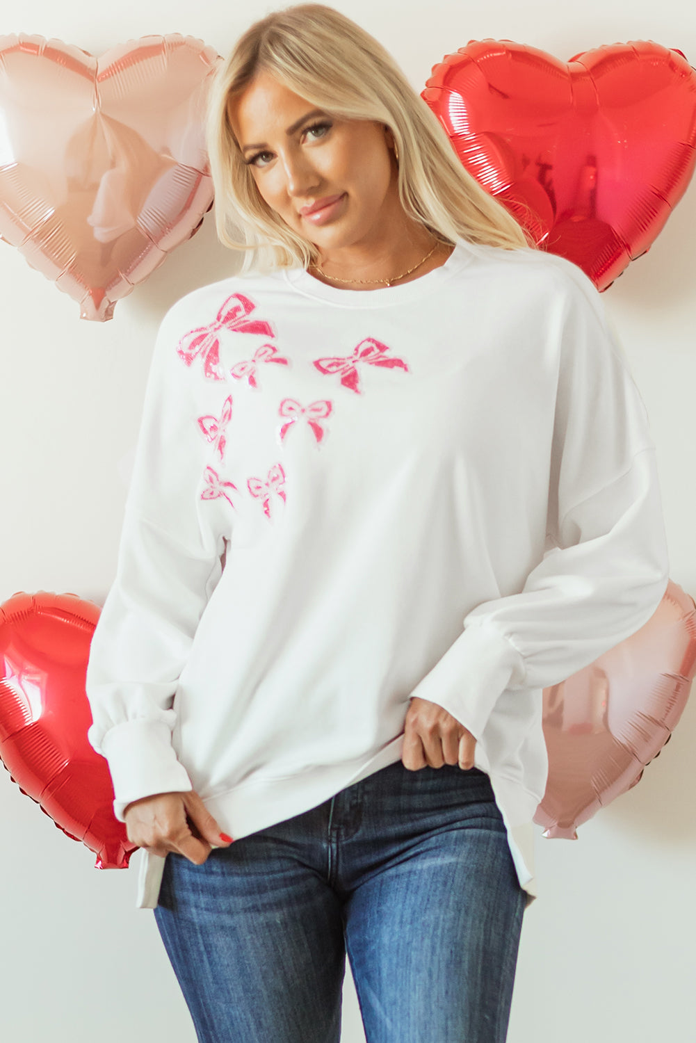 White Sequin Bowknot High Low Oversize Sweatshirt